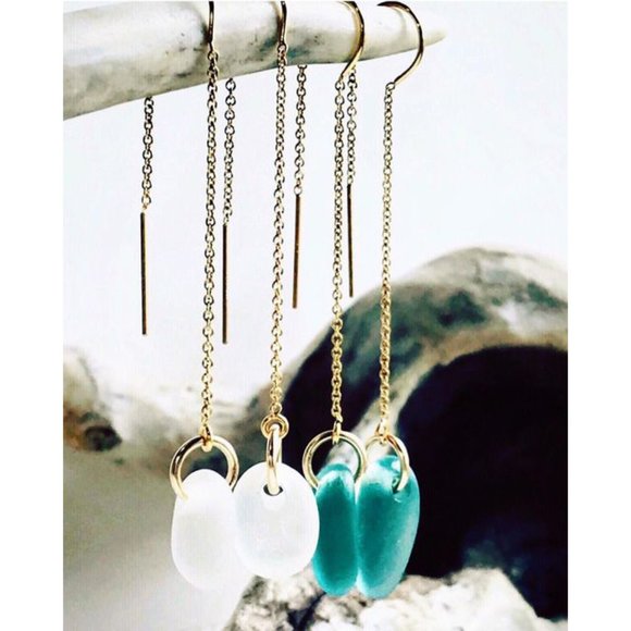 Sea And Glass - Sea Glass Threader Earrings - 14K Gold Fill - Ocean Blues - Picture 6 of 8